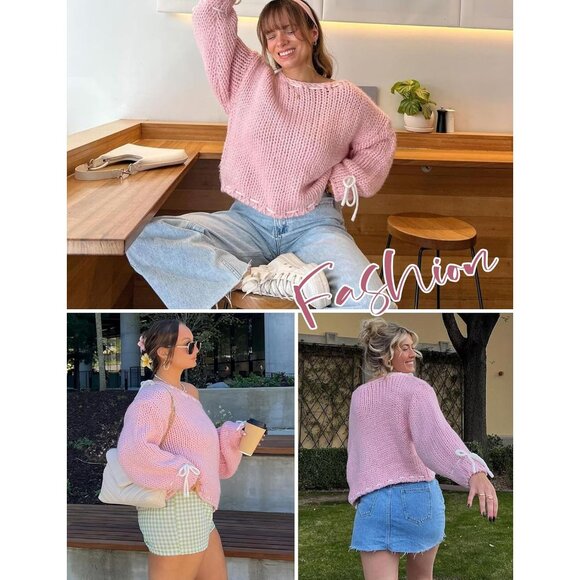 Womens Y2K Pullover Sweater Knit Loose Fit Bow Lace Up Going Out Top - Picture 6 of 6